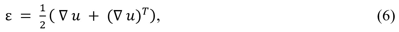ε = 1/2 ( ∇ u + (∇ u)^T ), (6)