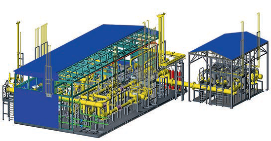 РИСУНОК 2. 3D модель многоблочного пункта подготовки газа «ЭНЕРГАЗ». Основной модуль и входной блок фильтрации.png